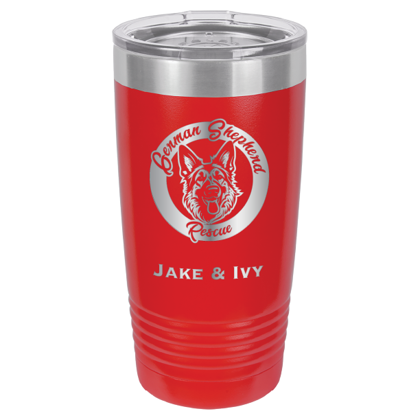 Laser Engraved red 20 oz tumbler with German Shepherd Rescue and the names Jake and Ivy