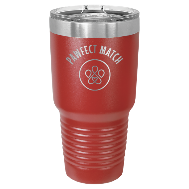 Red 30 oz laser engraved tumbler featuring the Pawfect Match logo