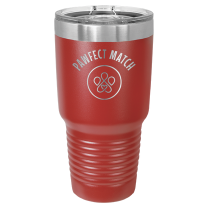 Red 30 oz laser engraved tumbler featuring the Pawfect Match logo