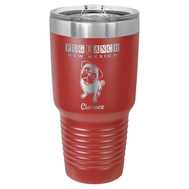 Laser engraved red tumbler featuring Pug Ranch NM: 30 oz