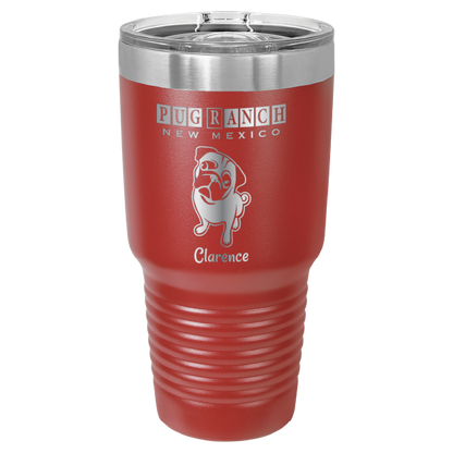 Laser engraved red tumbler featuring Pug Ranch NM: 30 oz