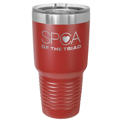 Red 30 oz laser engraved tumbler featuring the SPCA of the Triad logo.