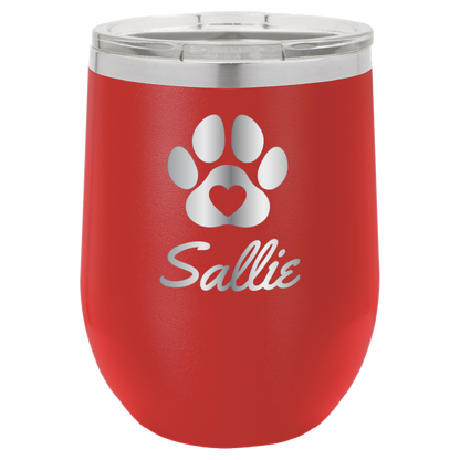 Laser engraved personalized wine tumbler featuring a paw print with heart, in red
