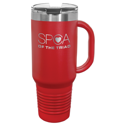 Red 40 oz  laser engraved tumbler with the SPCA of the Triad logo.