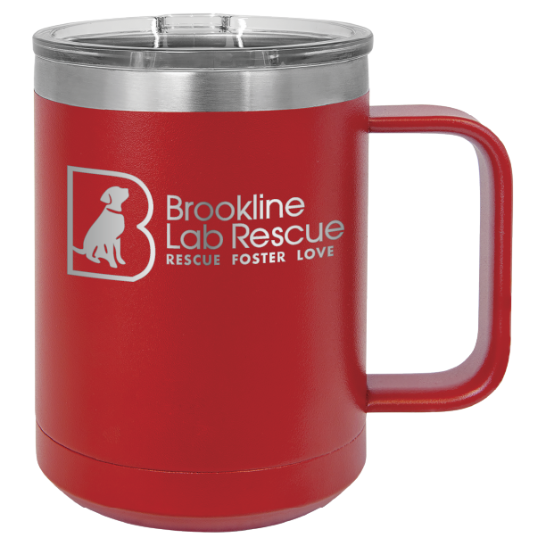 Red laser engraved 15 of coffee cup featuring the Brookline Lab Rescue logo