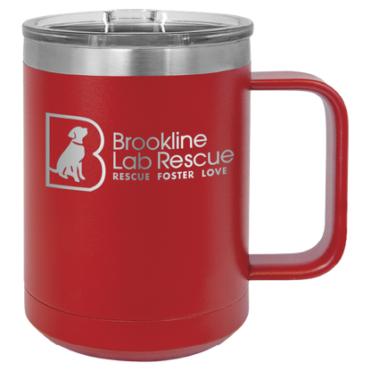 Red laser engraved 15 of coffee cup featuring the Brookline Lab Rescue logo