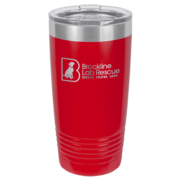 Red  laser engraved 20 ounce tumbler featuring the Brookline Lab Rescue logo