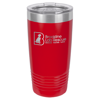 Red  laser engraved 20 ounce tumbler featuring the Brookline Lab Rescue logo