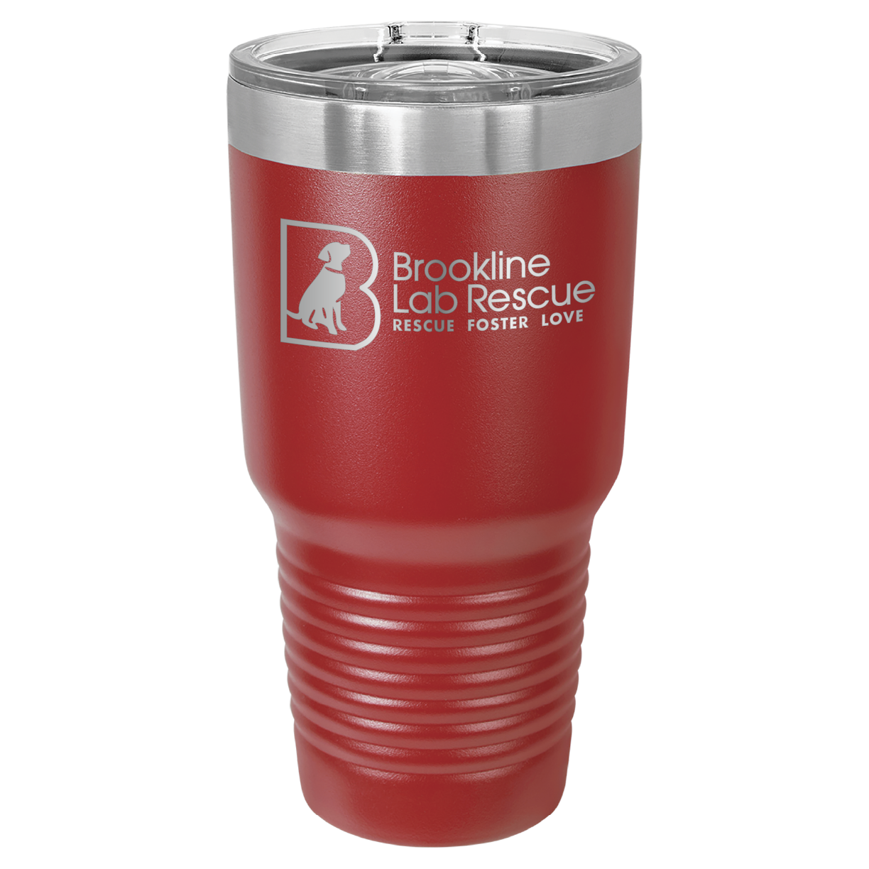 Red laser engraved 30 oz tumbler featuring the Brookline Lab Rescue logo