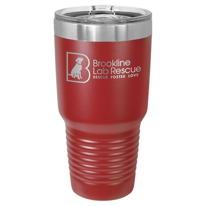 Red laser engraved 30 oz tumbler featuring the Brookline Lab Rescue logo