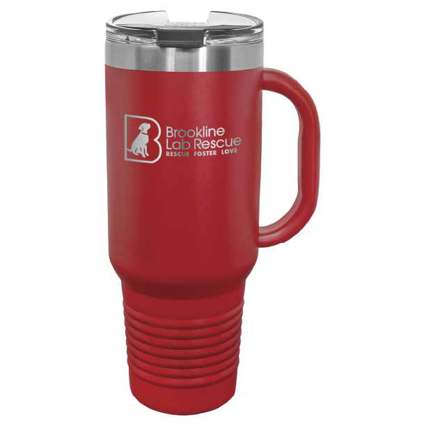 Red laser engraved 40 oz tumbler with handle featuring the Brookline Lab Rescue logo