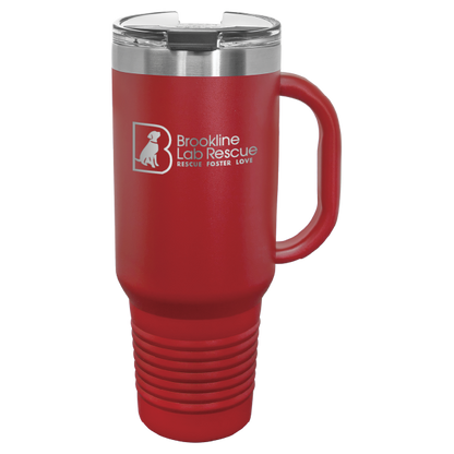 Red laser engraved 40 oz tumbler with handle featuring the Brookline Lab Rescue logo