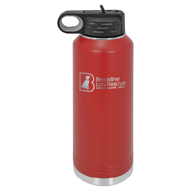 Red laser engraved 40 oz water bottle featuring the Brookline Lab Rescue logo