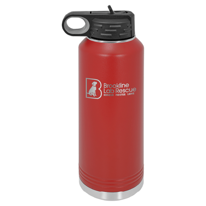 Red laser engraved 40 oz water bottle featuring the Brookline Lab Rescue logo