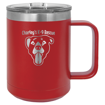 Red 15 oz coffee cup laser engraved  tumbler featuring the Charley's K9 Rescue logo