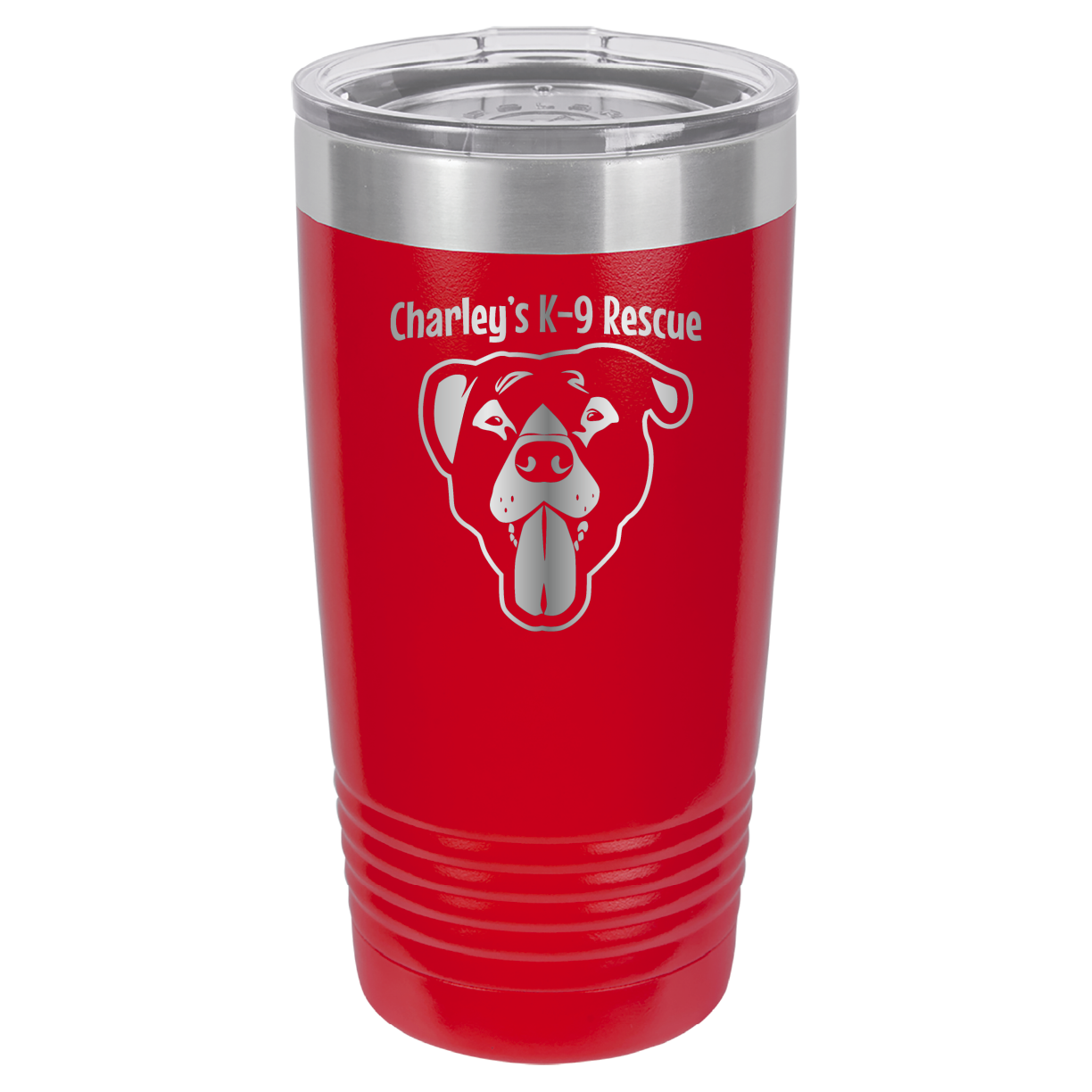 Red 20 ounce tumbler laser engraved  featuring the Charley's K9 Rescue logo