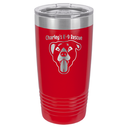 Red 20 ounce tumbler laser engraved  featuring the Charley's K9 Rescue logo