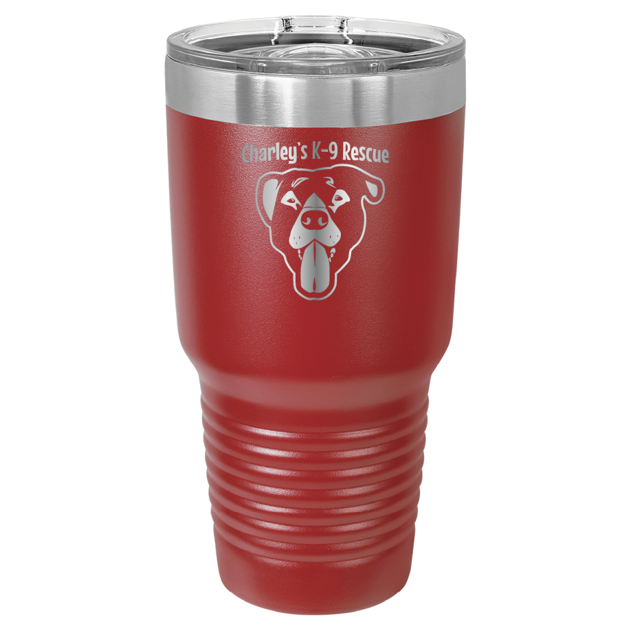 Red 30 oz tumbler laser engraved  tumbler featuring the Charley's K9 Rescue logo