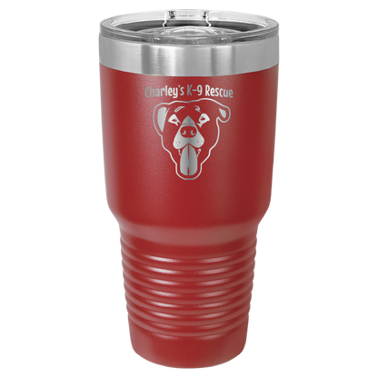 Red 30 oz tumbler laser engraved  tumbler featuring the Charley's K9 Rescue logo