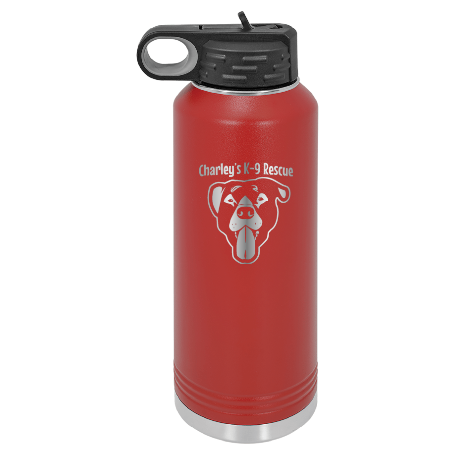 Red 40 oz water bottle laser engraved  tumbler featuring the Charley's K9 Rescue logo