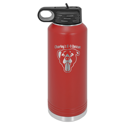 Red 40 oz water bottle laser engraved  tumbler featuring the Charley's K9 Rescue logo