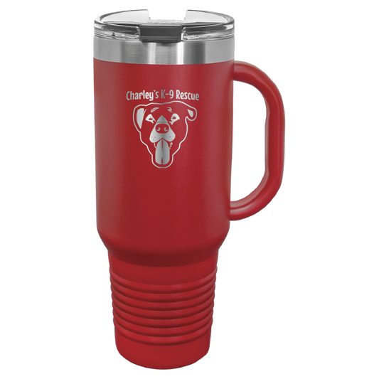 Red40 oz tumbler with handle laser engraved  tumbler featuring the Charley's K9 Rescue logo