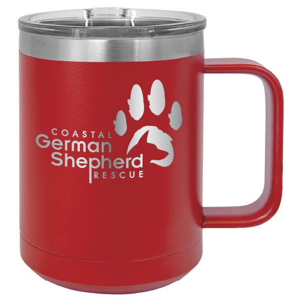 Red 15 ounce laser engraved coffee mug, featuring the with the Coastal German Shpherd Rescue of Orange County logo