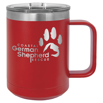 Red 15 ounce laser engraved coffee mug, featuring the with the Coastal German Shpherd Rescue of Orange County logo