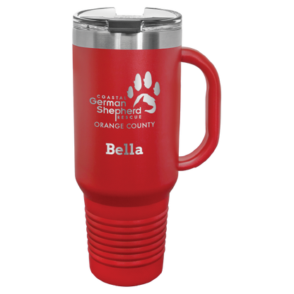 40 tumbler, laser engraved with the Coastal German Shepherd Rescue of OC logo, in red