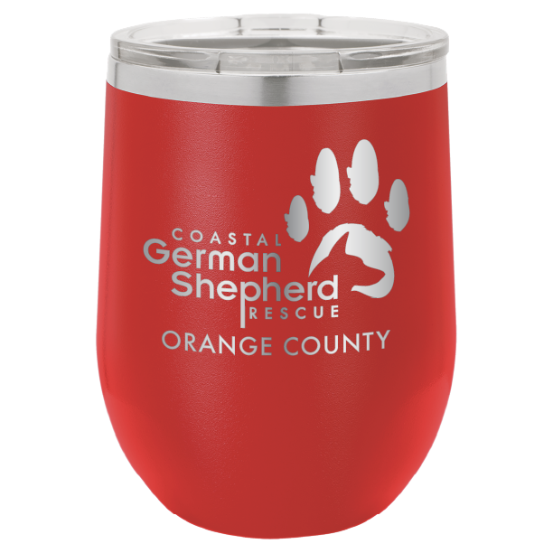 12 oz Wine tumbler laser engraved with the Coastal German Shepherd Rescue of Orange County logo, in red