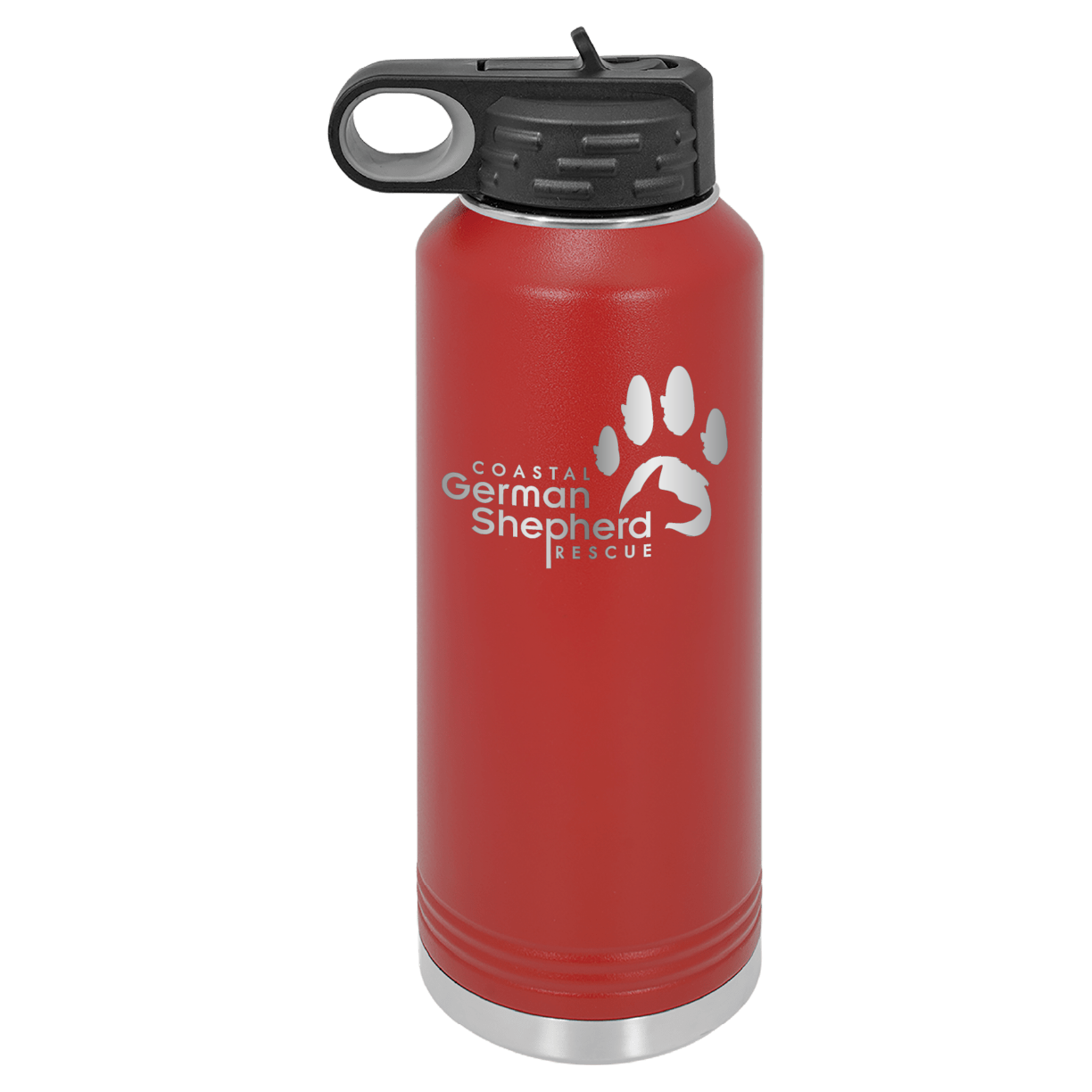 Red 40 ounce laser engraved water bottle, featuring the with the Coastal German Shpherd Rescue of Orange County logo