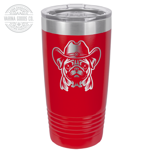 Red Cowboy Pug laser engraved 20 oz tumbler.