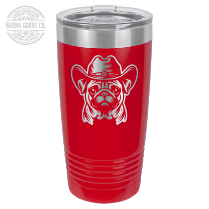 Red Cowboy Pug laser engraved 20 oz tumbler.