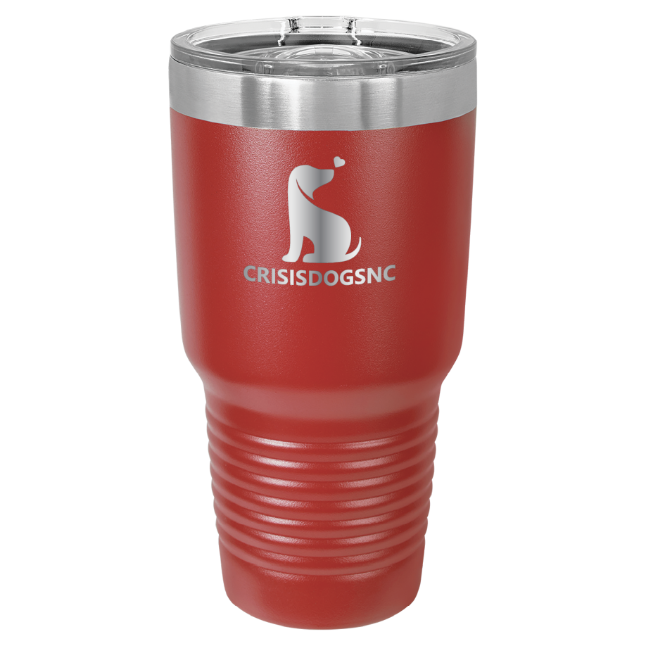 Red 30 oz laser engraved tumbler with the Crisis Dogs NC logo.