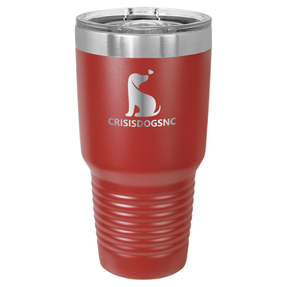 Red 30 oz laser engraved tumbler with the Crisis Dogs NC logo.