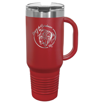 Red 40 oz laser engraved water bottle featuring the Dogue de Bordeaux Rescue, Inc. logo