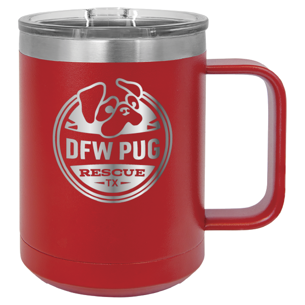 Red 15 oz laser engraved coffee cup featuring the DFW Pug Rescue logo