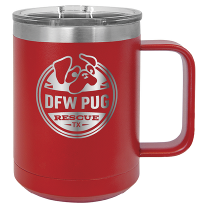 Red 15 oz laser engraved coffee cup featuring the DFW Pug Rescue logo