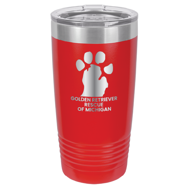 Red 20 Oz laser engraved tumbler with the Golden Retriever Rescue of Michigan logo