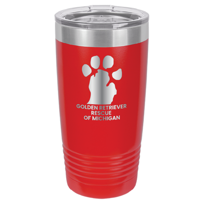 Red 20 Oz laser engraved tumbler with the Golden Retriever Rescue of Michigan logo