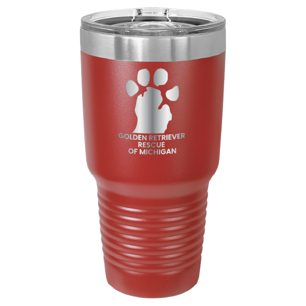 Red 30 laser engraved tumbler featuring the Golden Retriever Rescue of Michigan logo