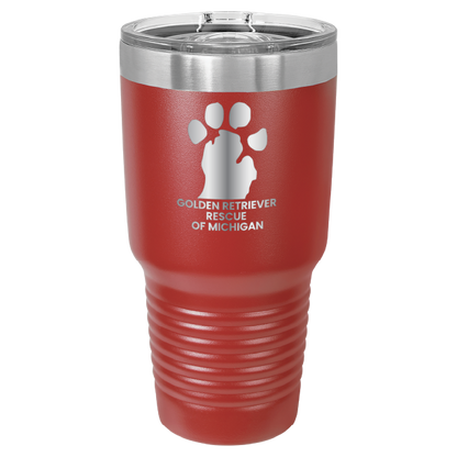 Red 30 laser engraved tumbler featuring the Golden Retriever Rescue of Michigan logo