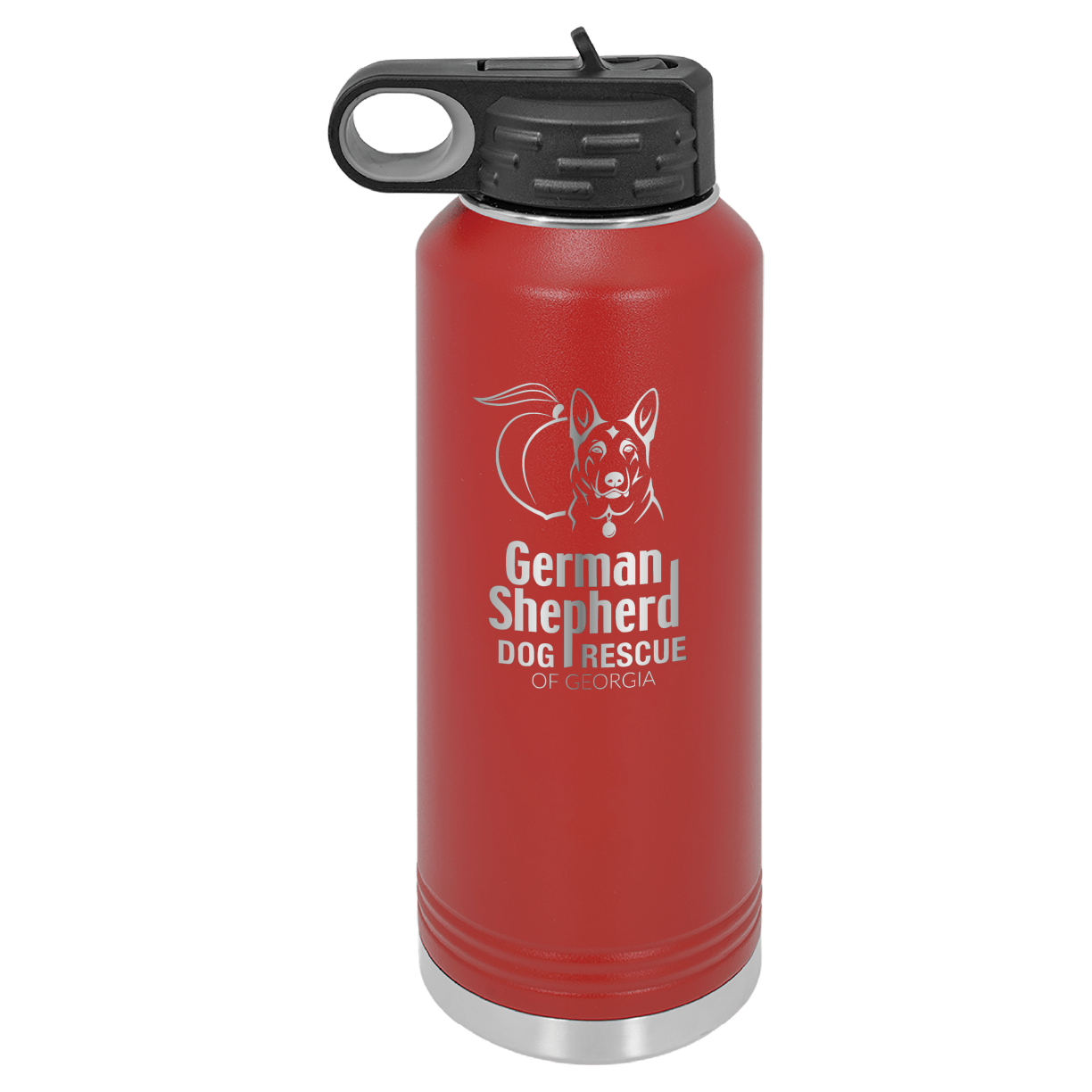 40 Oz Laser engraved water bottle featuring the German Shepherd Dog Rescue of Georgia, in Red