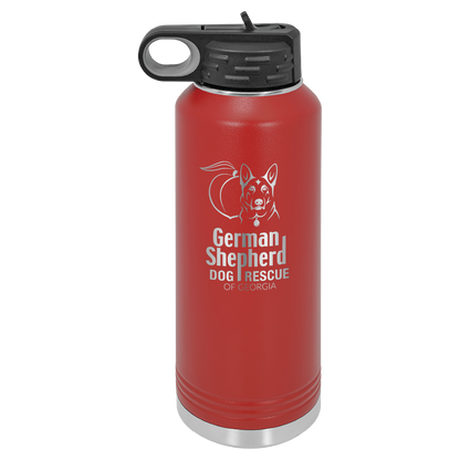 40 Oz Laser engraved water bottle featuring the German Shepherd Dog Rescue of Georgia, in Red