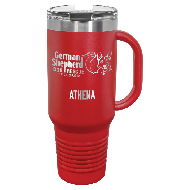 40 Oz travel tumbler, laser engraved with the logo of German Shepherd Dog Rescue of Georgia, in red