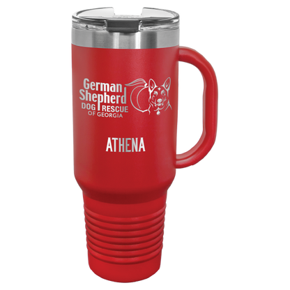 40 Oz travel tumbler, laser engraved with the logo of German Shepherd Dog Rescue of Georgia, in red