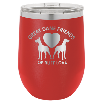 Red laser engraved wine tumbler with Great Dane Friends of Ruff Love logo.