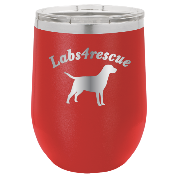 12 oz laser engraved wine tumbler with the labs4rescue logo, in red