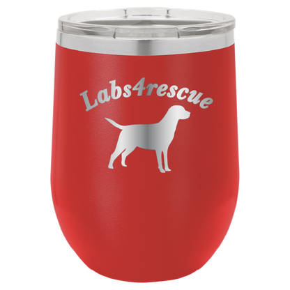 12 oz laser engraved wine tumbler with the labs4rescue logo, in red