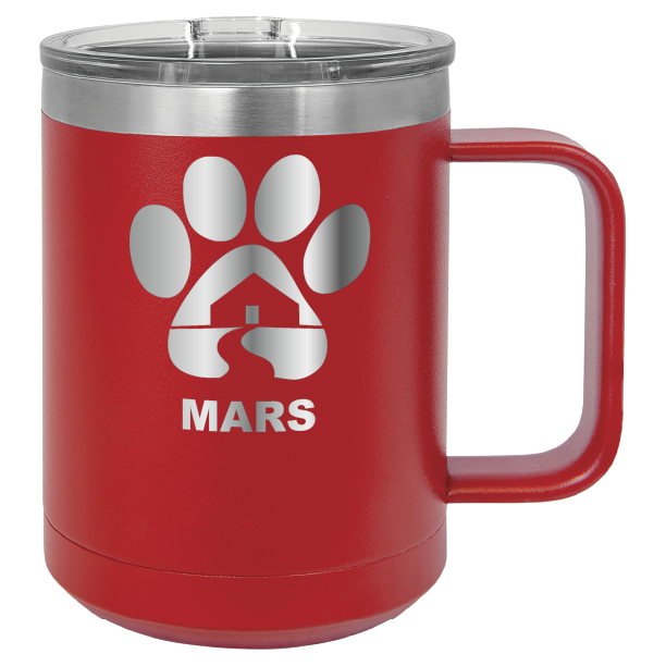 Red 15 ounce laser engraved coffee mug with the Midwest Animal Rescue & Services (MARS) logo.